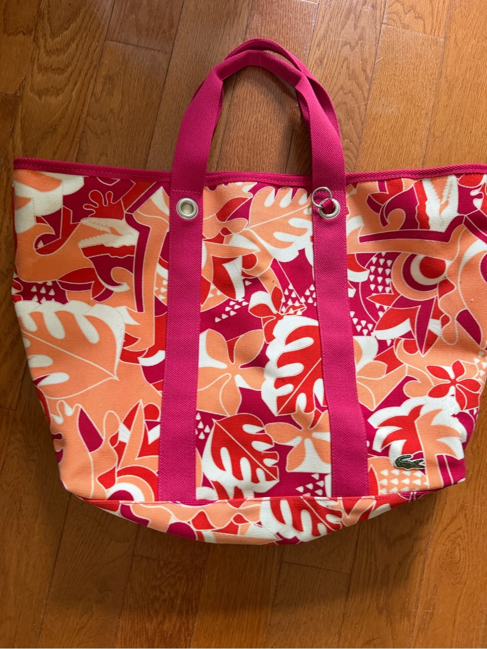 Lacoste Pink, Orange & White Tropical Print Canvas Tote